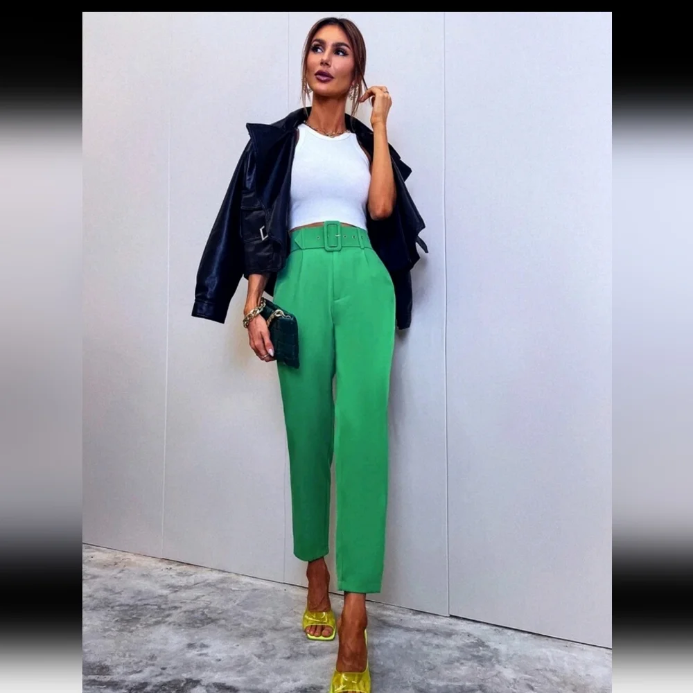 Boutique green belted high waisted pants_3